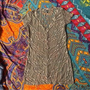 size small taupe/grey see-through lace Vanity v-cut shirt